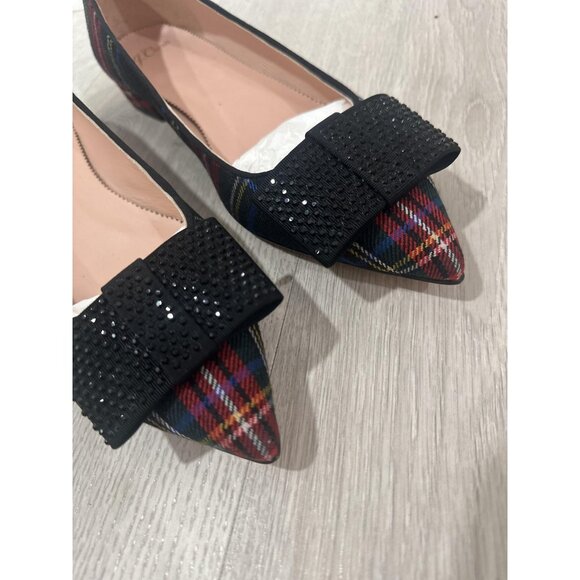 J Crew Pointed Toe Flats Womens Sz 9.5 Black Tartan Plaid Rhinestone Bow Preppy - Picture 1 of 9